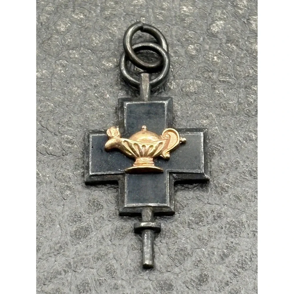 Vintage Sterling Silver Stone Inlay Cross Fob Charm with Applied Rose Gold Tone